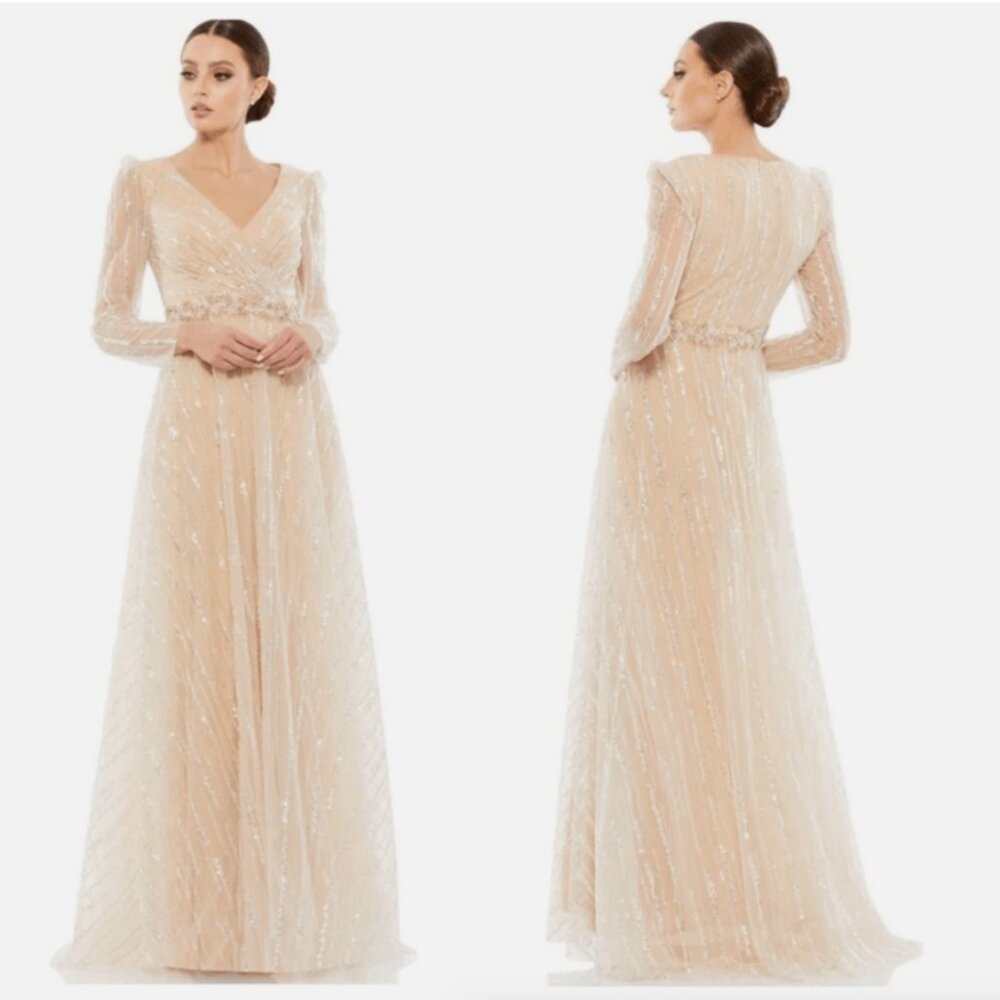MAC DUGGAL 67859 LONG SLEEVE SILVER SEQUINS CHAMPAGNE GOWN  sz 14